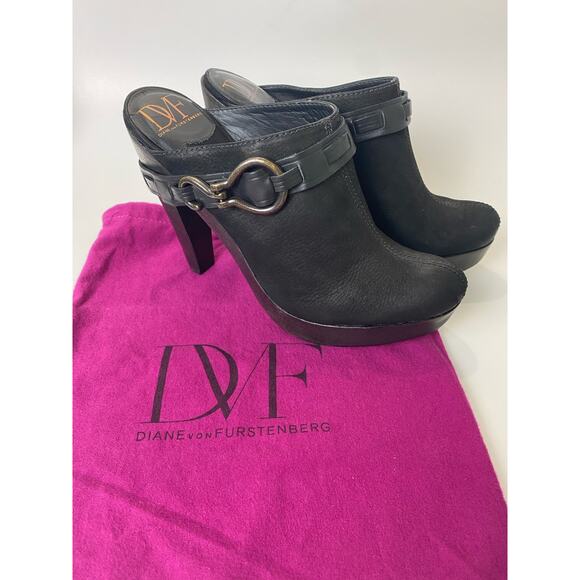 Diane von Furstenburg DVF Platform Chunky Y2K Clog HeelShoes Black Suede Vamp 10 - Picture 1 of 8
